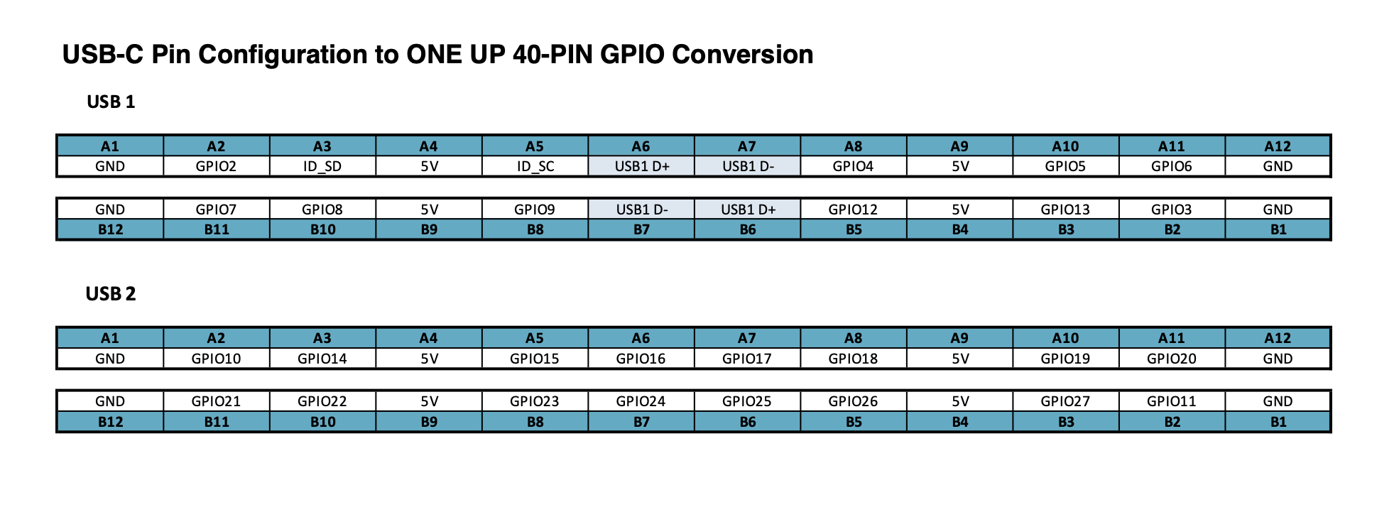 Dual USB-C to 40-PIN GPIO Conversion Map
